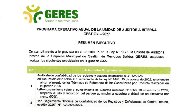 PROGRAMA OPERATIVO ANUAL DE LA UNIDAD DE AUDITOR&Iacute;A INTERNA GESTI&Oacute;N - 2027